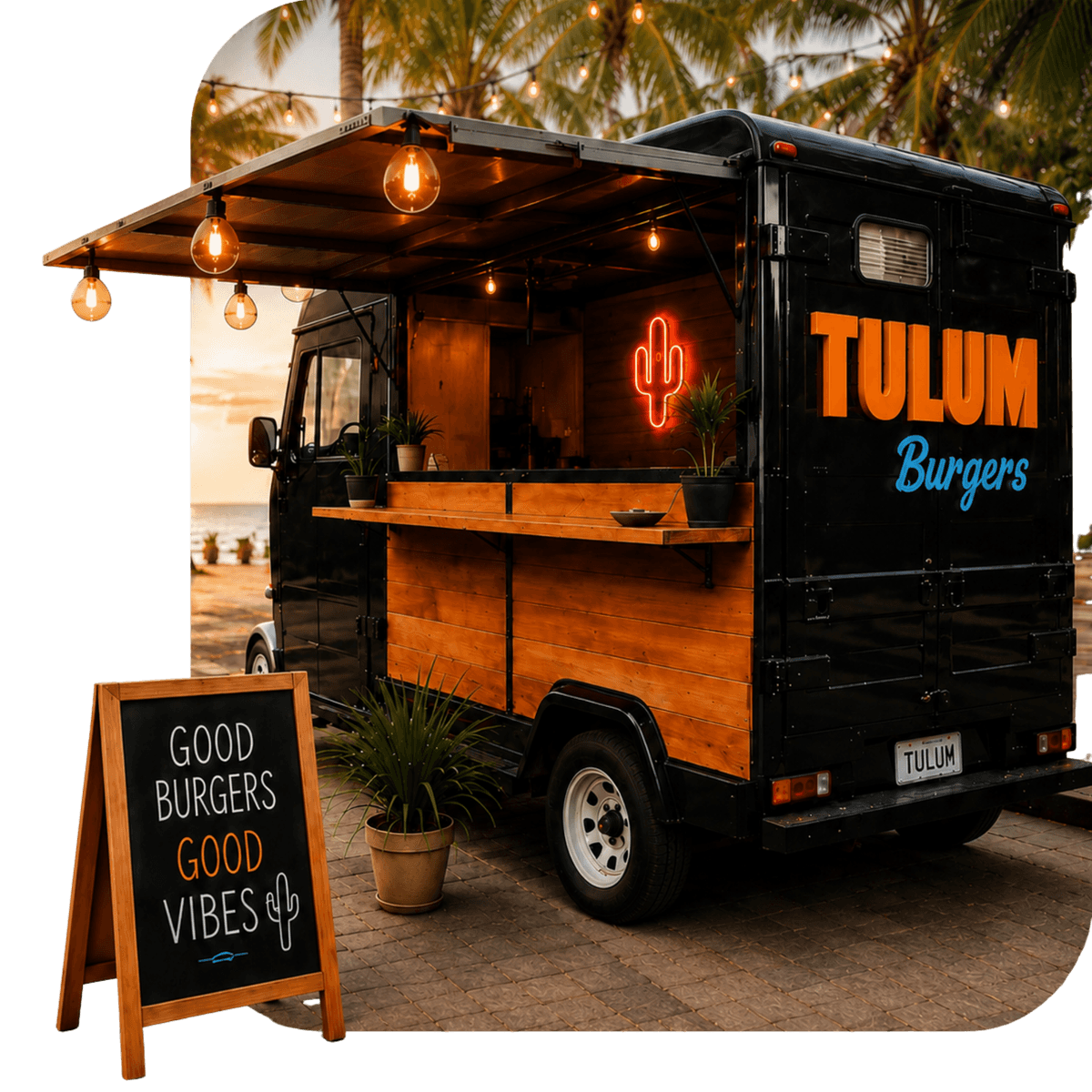 Food truck de Tulum Burgers en un evento con catering